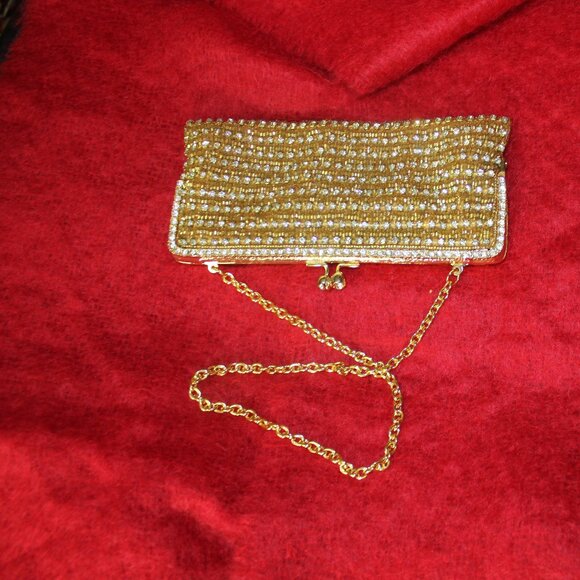 Pink Stix Beaded Evening Bag - Gold-tones and Rhinestones  Very Glamorous 8"x 4" - Picture 2 of 7